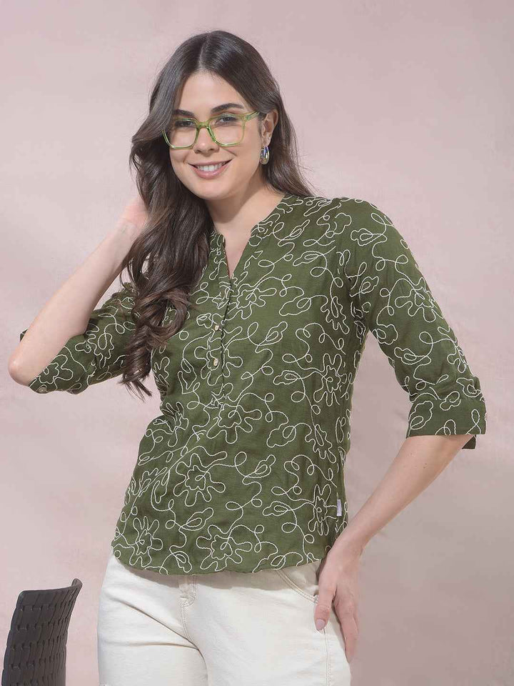 Green Embroidered V-Neck Top
