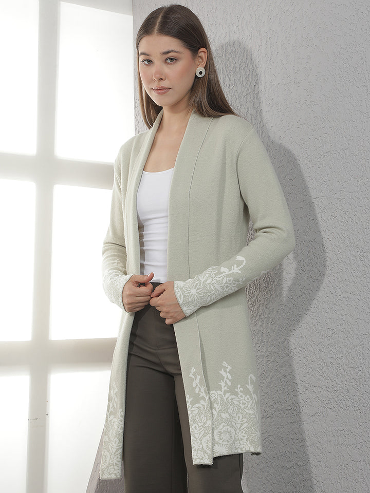 Green Floral Jacquard Open Front Longline Shrug