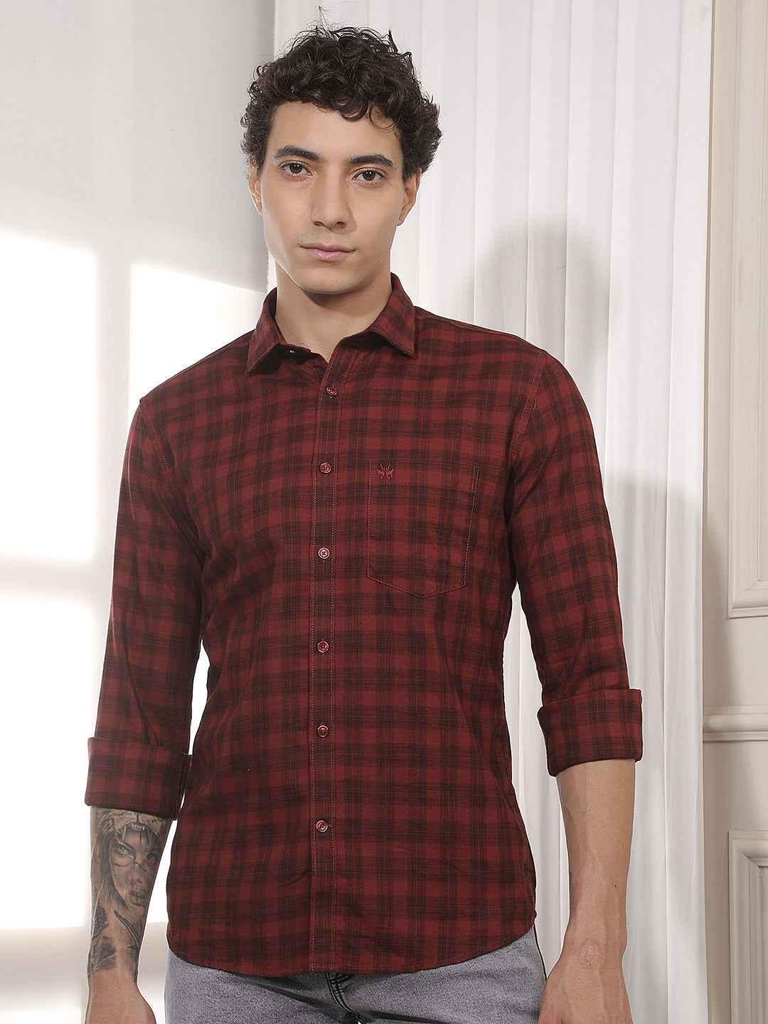 Maroon Checked 100% Cotton Shirt
