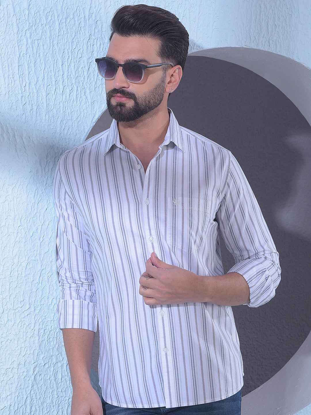 White 100% Cotton Vertical Stripes Shirt