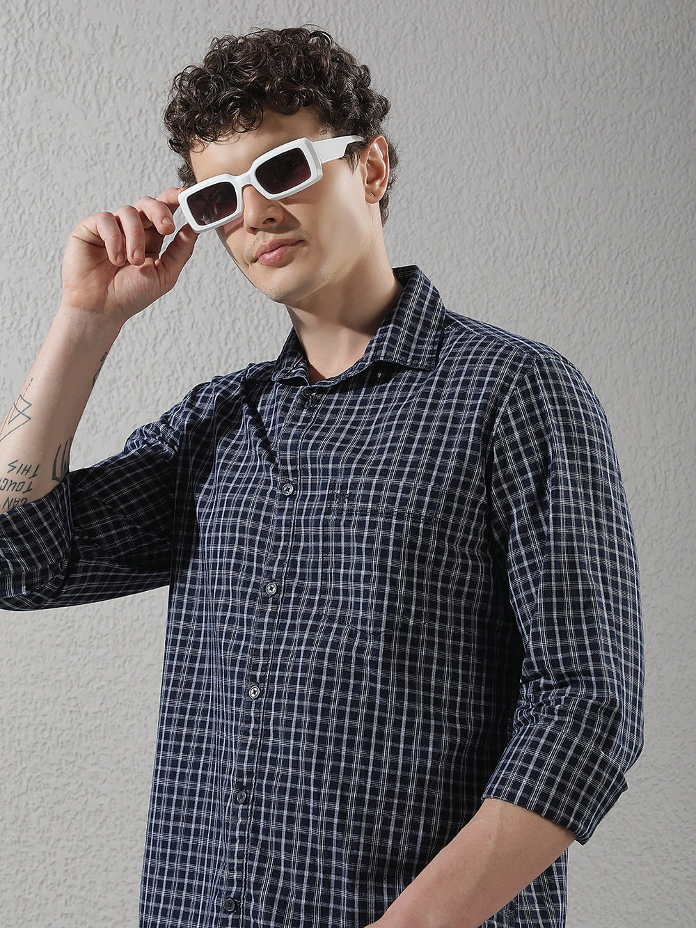 Navy Blue 100% Cotton Checked Shirt