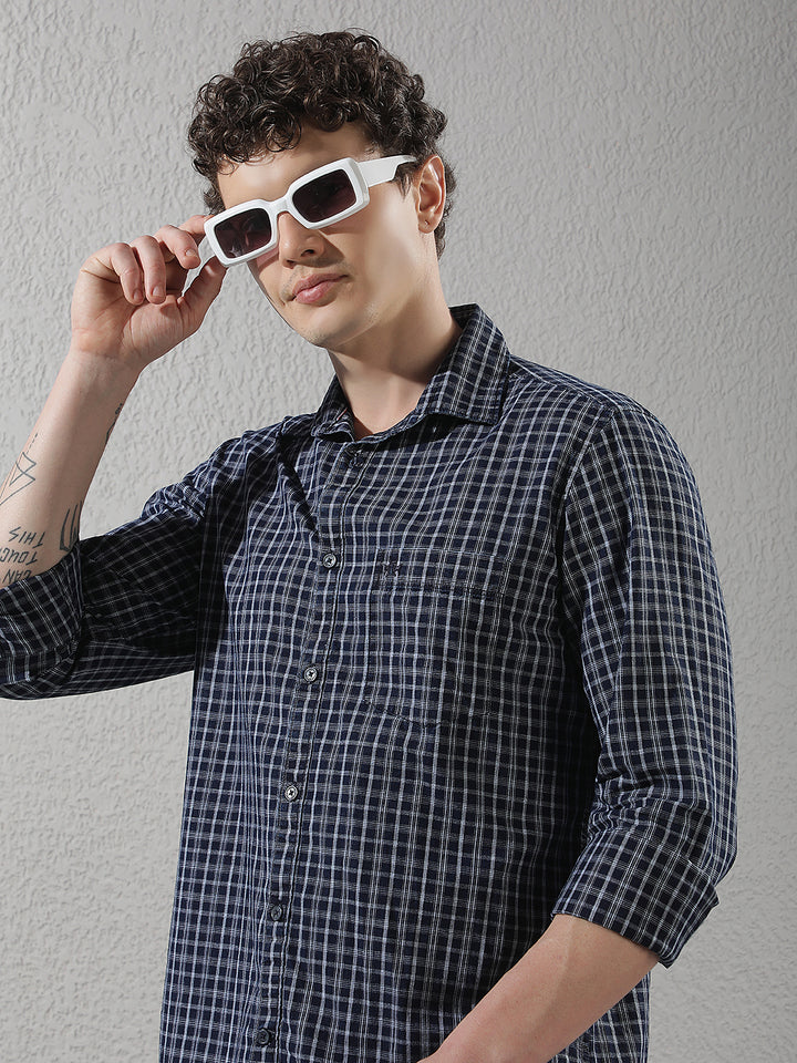 Navy Blue 100% Cotton Checked Shirt