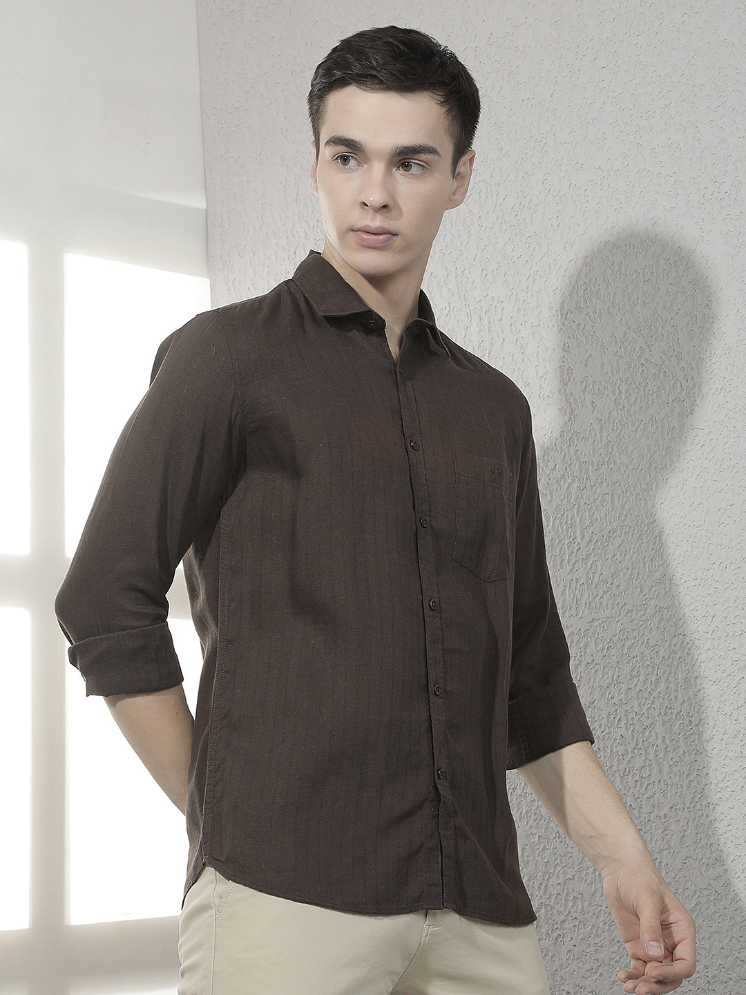 Brown Vertical Stripes Linen Shirt