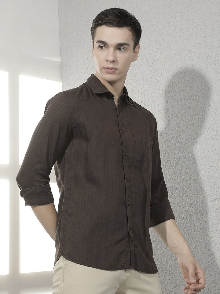 Brown Vertical Stripes Linen Shirt
