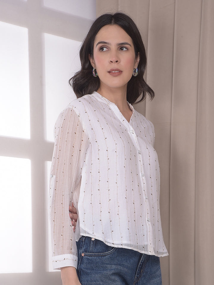 White Botanical Print V-Neck Top