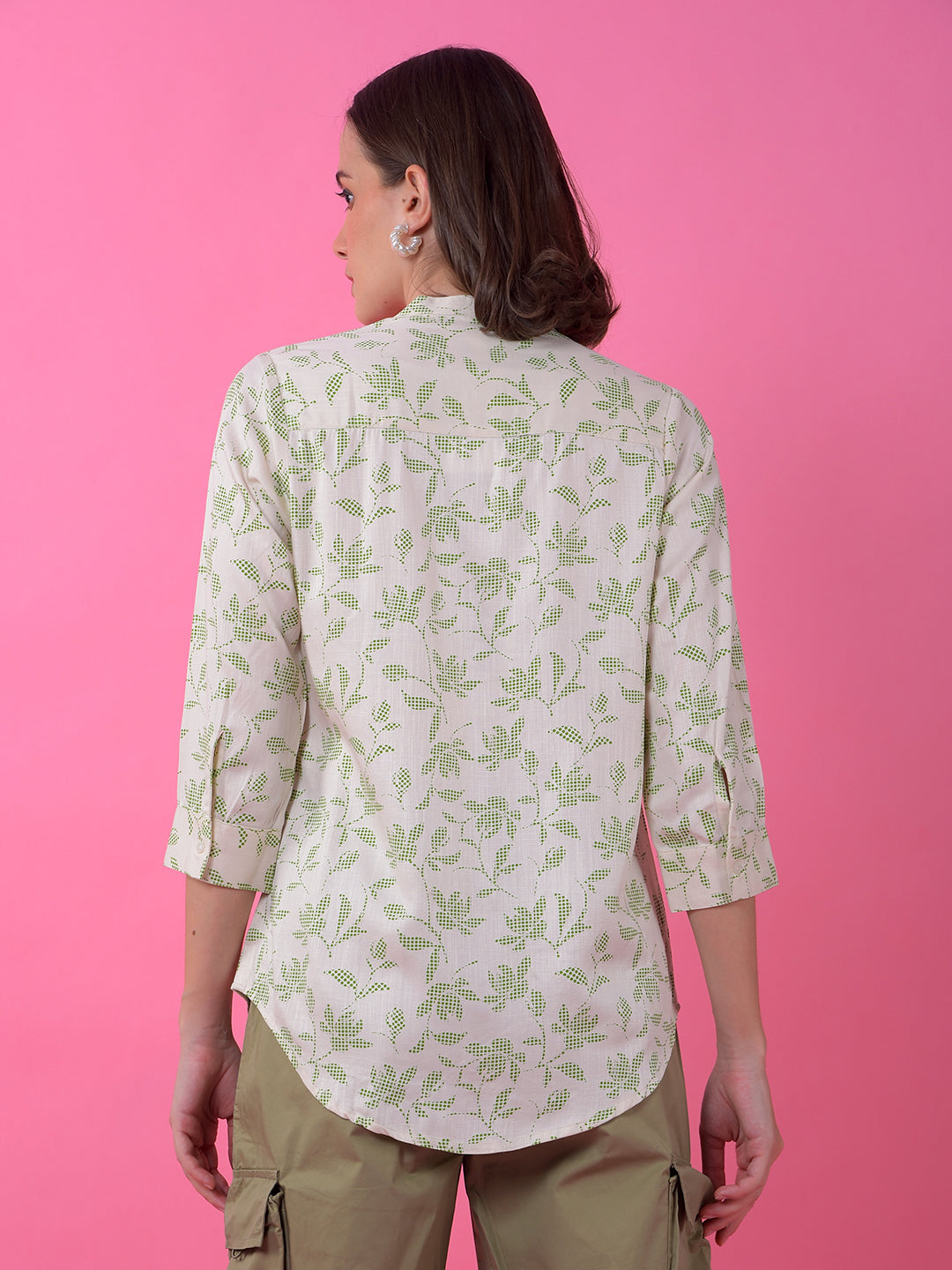 Green Floral Print V-Neck Shirt