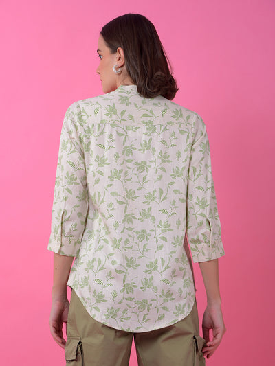 Green Floral Print V-Neck Shirt
