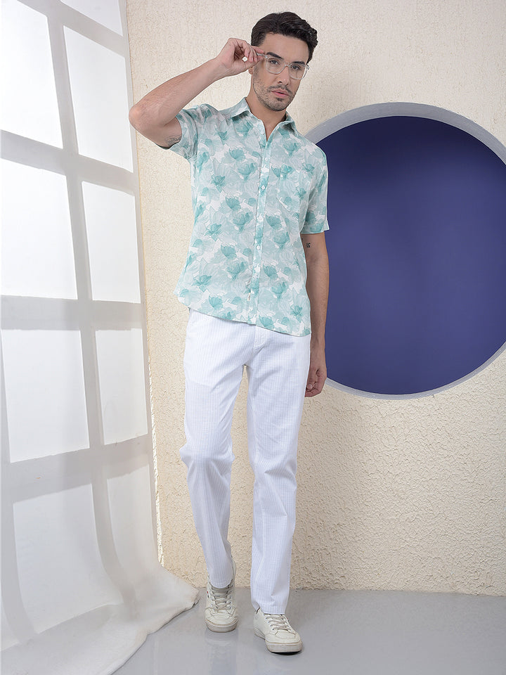 Green Floral Print Linen Shirt