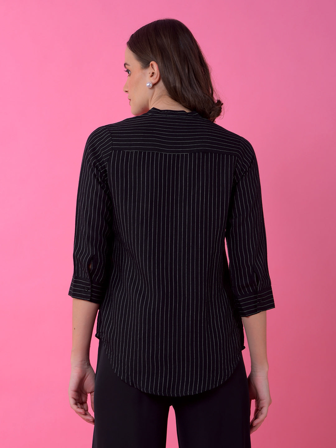 Black Vertical Stripes V-Neck Shirt