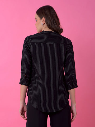 Black Vertical Stripes V-Neck Shirt