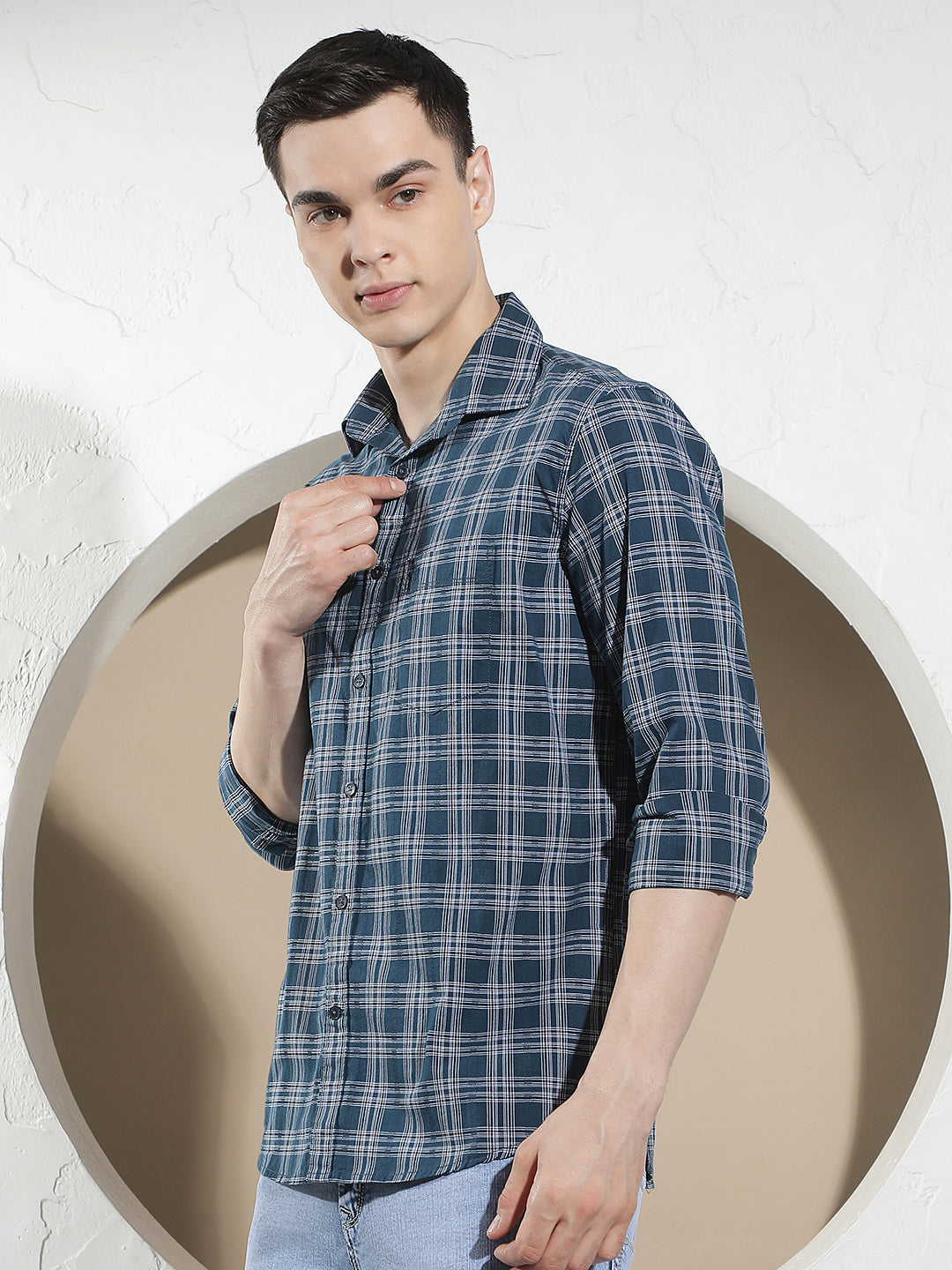 Teal Blue 100% Cotton Checked Shirt