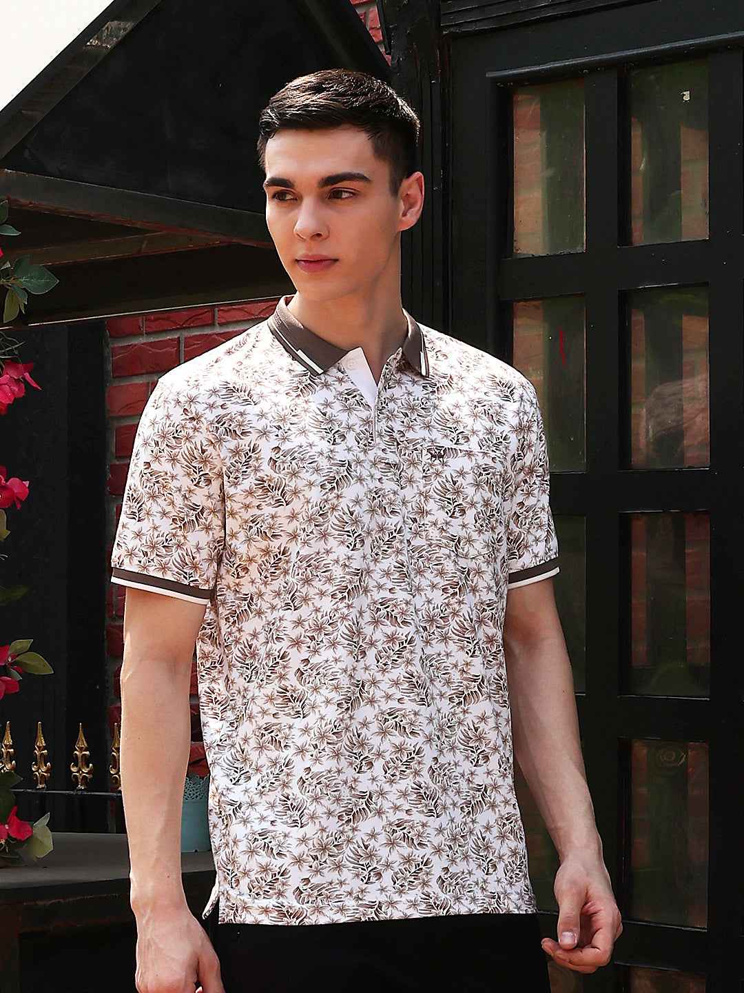 Brown Floral Print Polo Neck T-Shirt