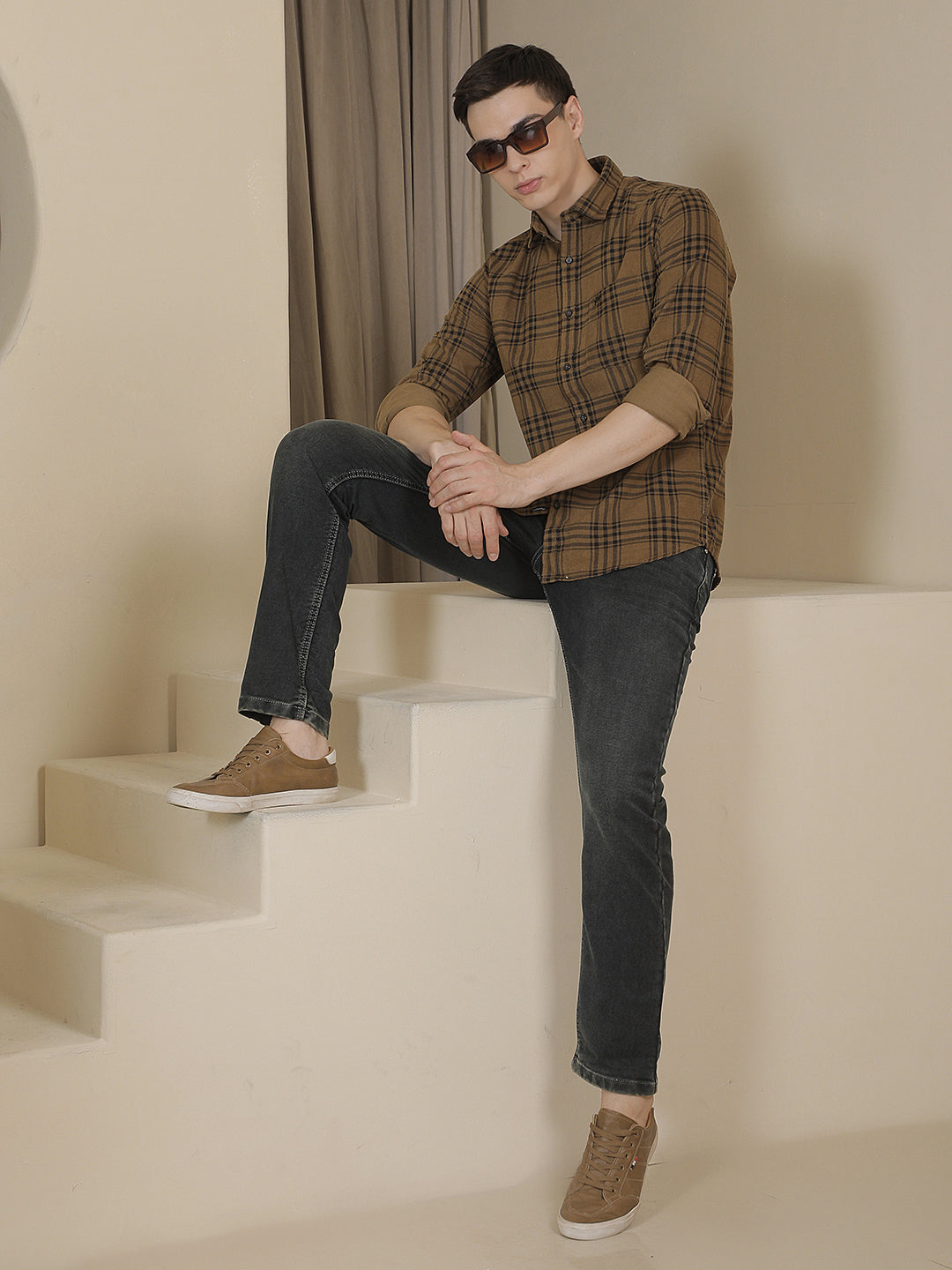 Brown Checked 100% Cotton Corduroy Shirt