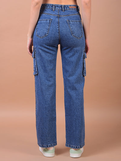 Blue Wide Leg 100% Cotton Cargo Jeans