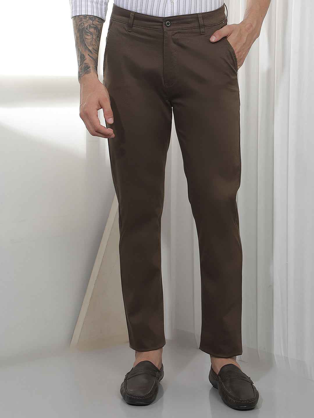 Coffee Dobby Cotton Trousers