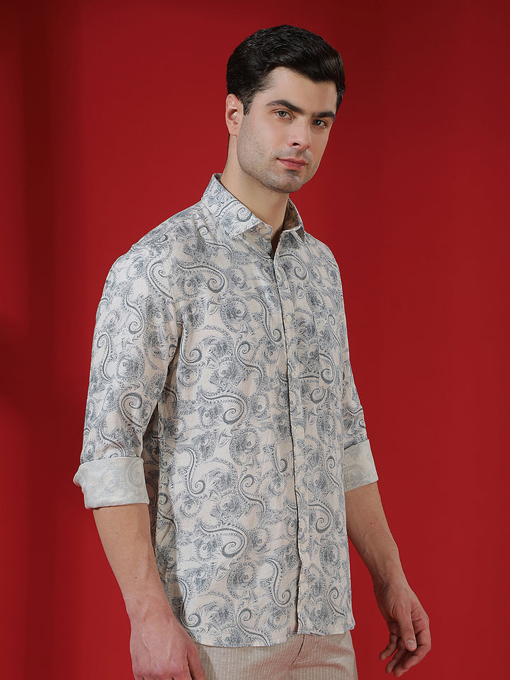 Blue Floral Print Linen Kurta