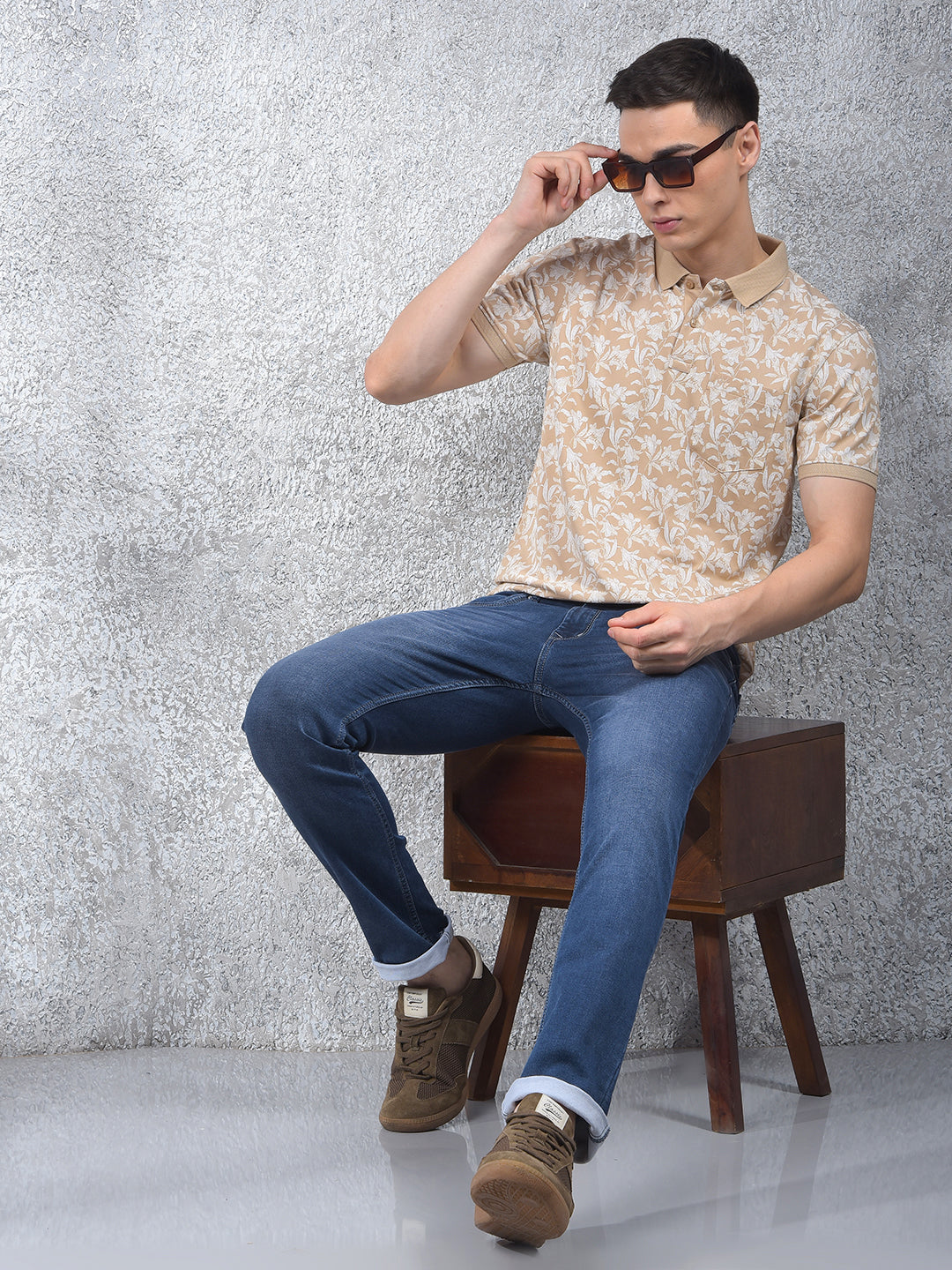 Beige Floral Print Polo-Neck T-Shirt