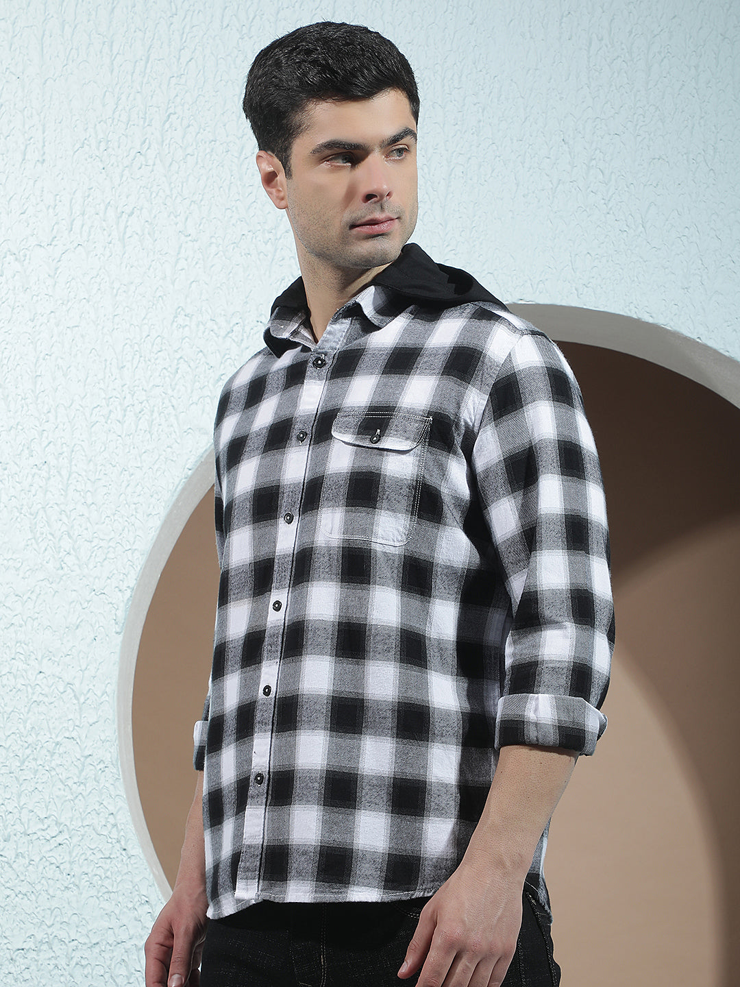 Black Checked 100% Cotton Hooded Shirt