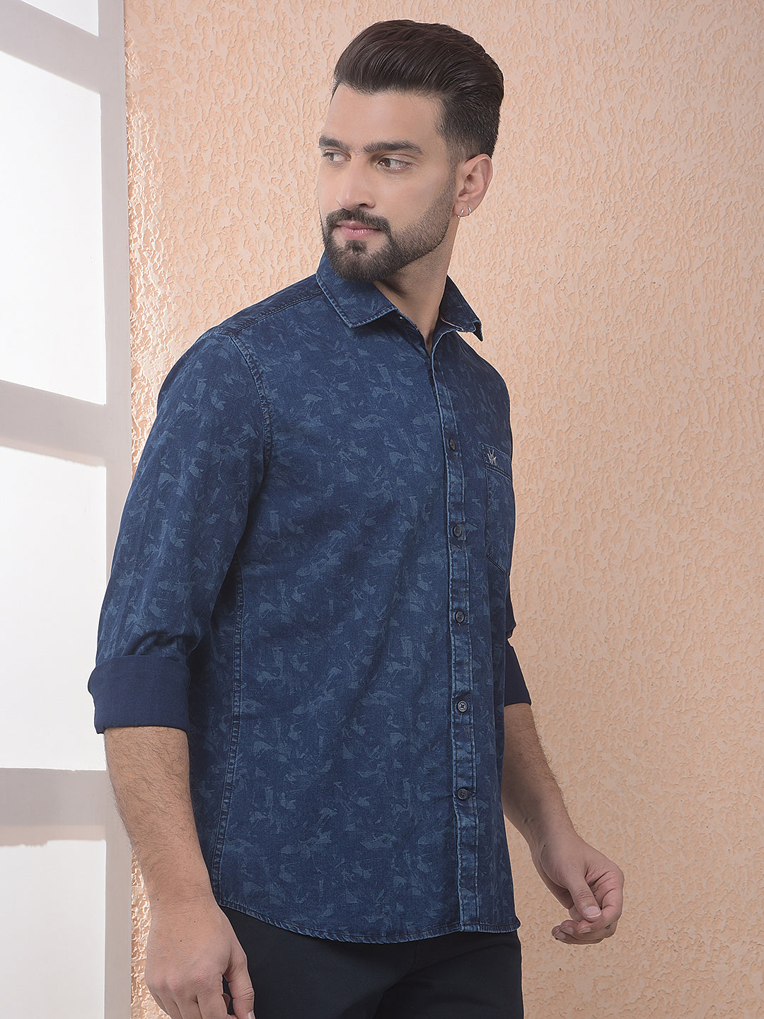 Navy Blue Printed 100% Cotton Shirt