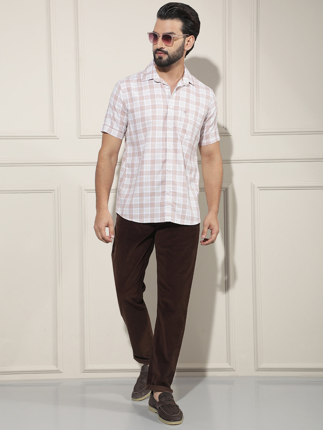 Peach Checked 100% Cotton Shirt