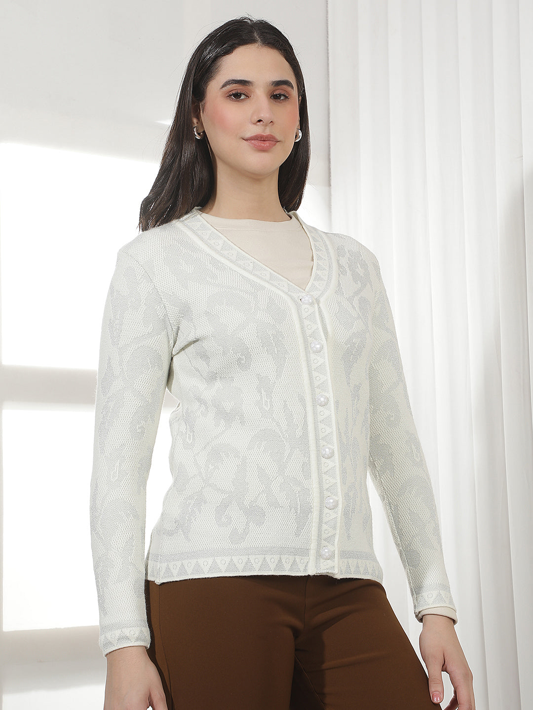 Off White Jacquard V-Neck Cardigan