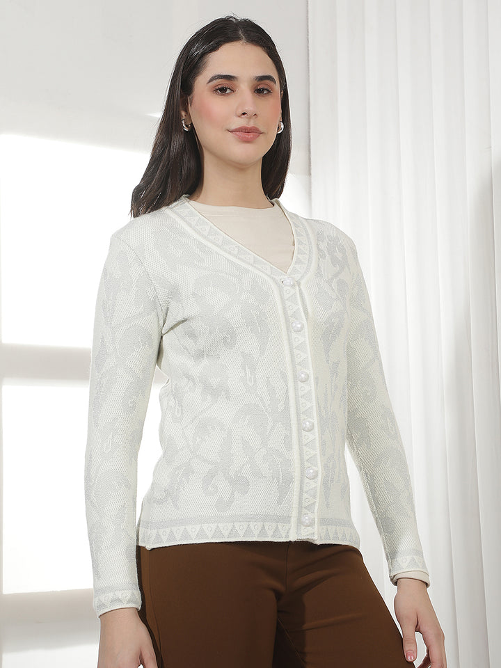 Off White Jacquard V-Neck Cardigan