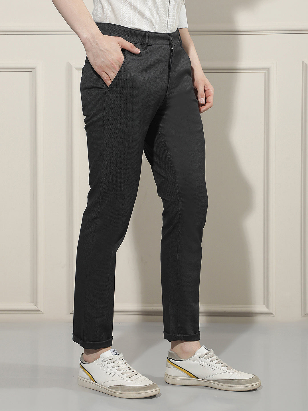 Minimalist Raven Black Textured Trousers