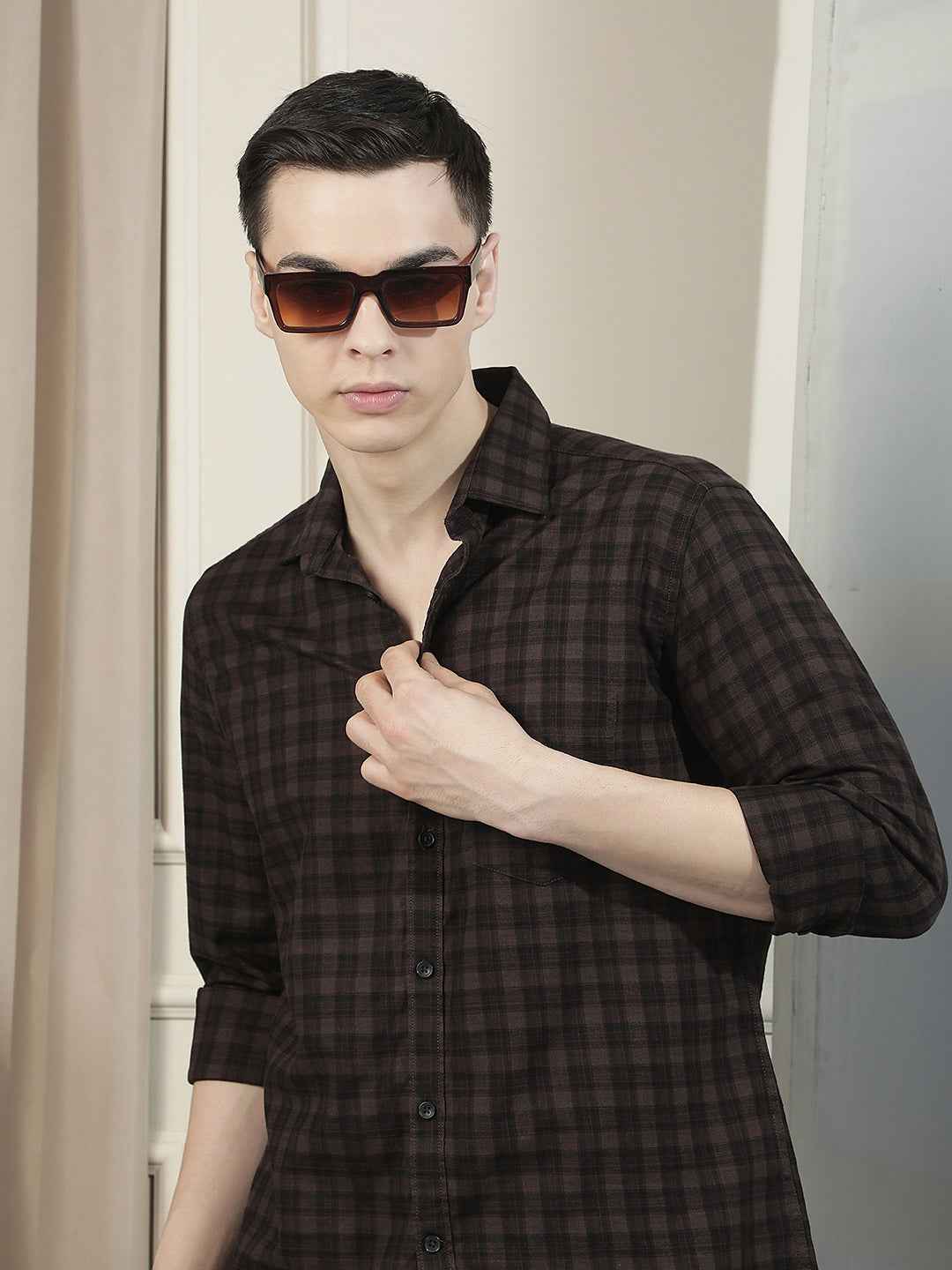 Brown Checked 100% Cotton Shirt