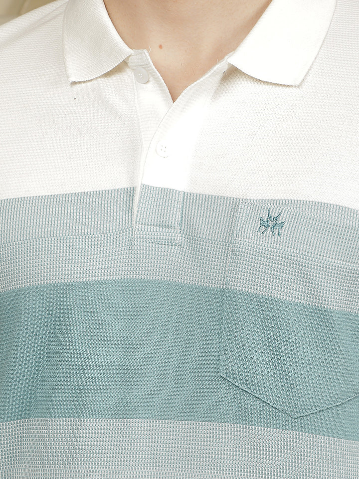 Green Horizontal Striped Polo Neck T-Shirt
