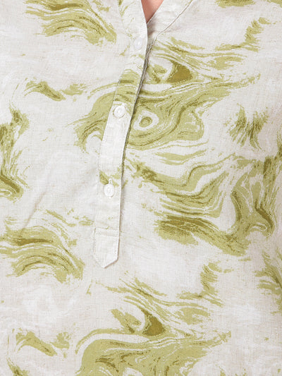 Green Printed V-Neck Linen Top