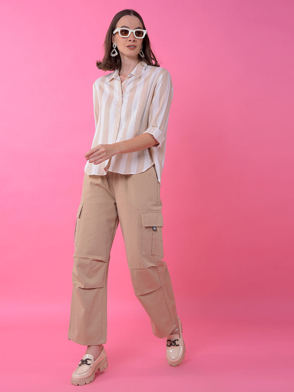 Beige Vertical Stripes Linen Shirt