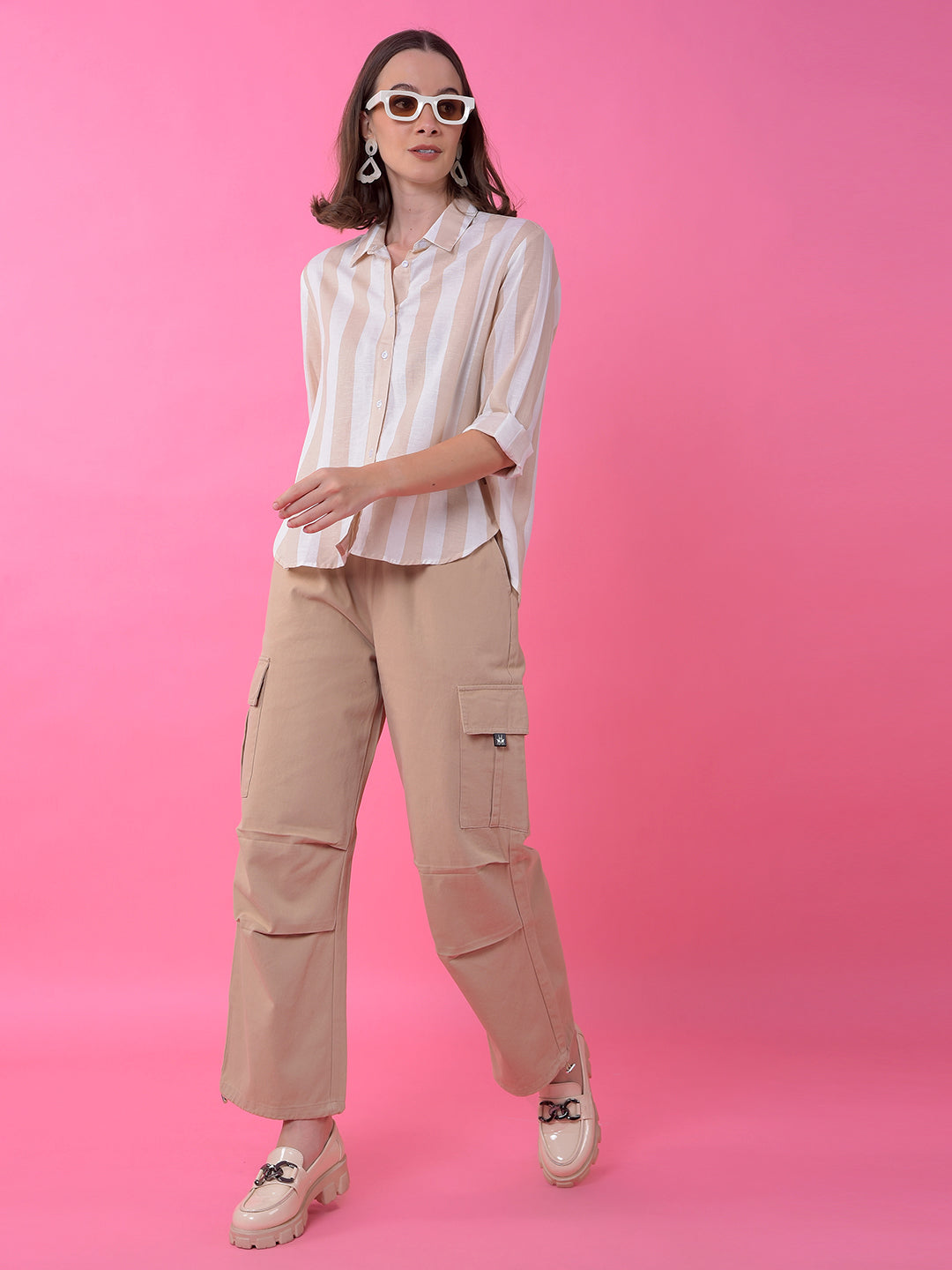 Beige Vertical Stripes Linen Shirt