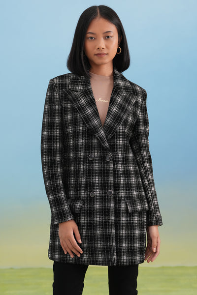 Black Checked Notched-Lapel Double-Breasted Coat