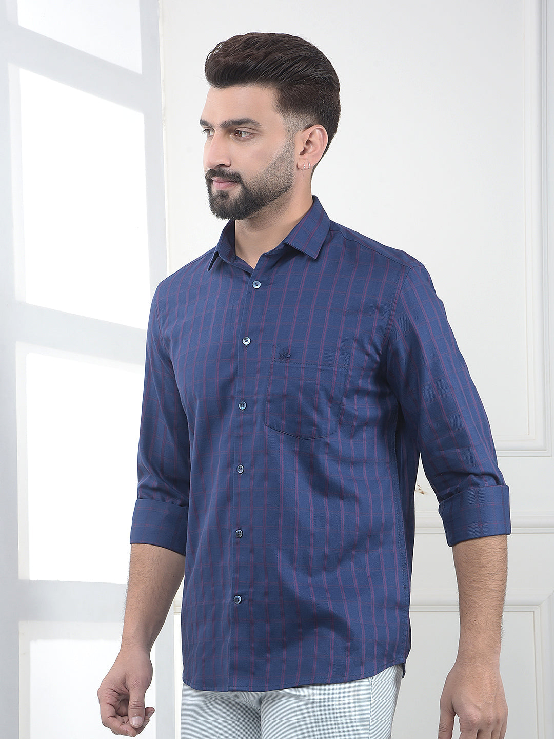 Navy Blue Checked 100% Cotton Shirt