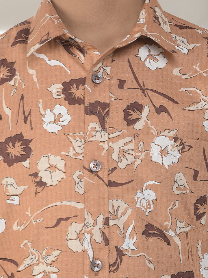 Brown Cotton Floral Print Shirt