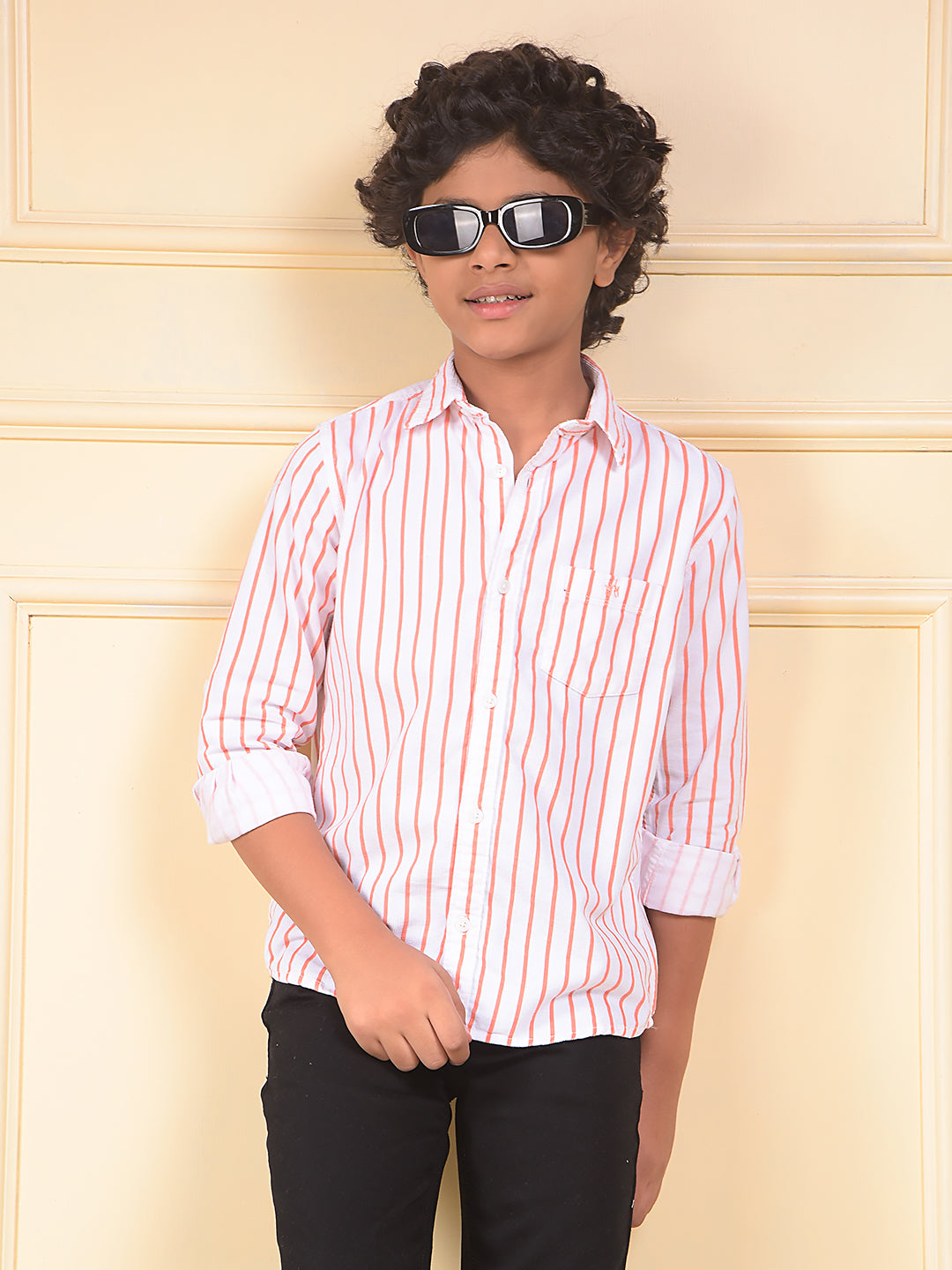 Orange Vertical Stripes 100% Cotton Corduory Shirt