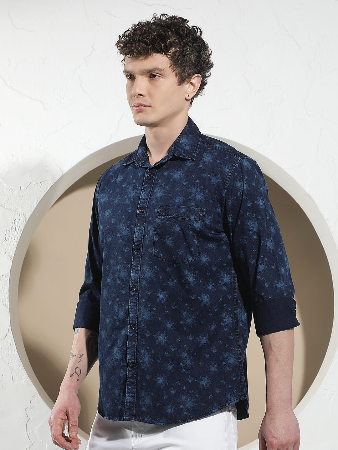 Navy Blue Floral Print 100% Cotton Denim Shirt
