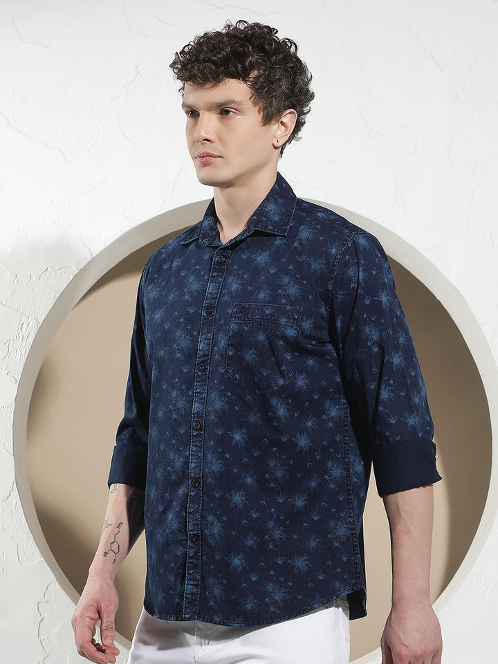 Navy Blue Floral Print 100% Cotton Denim Shirt