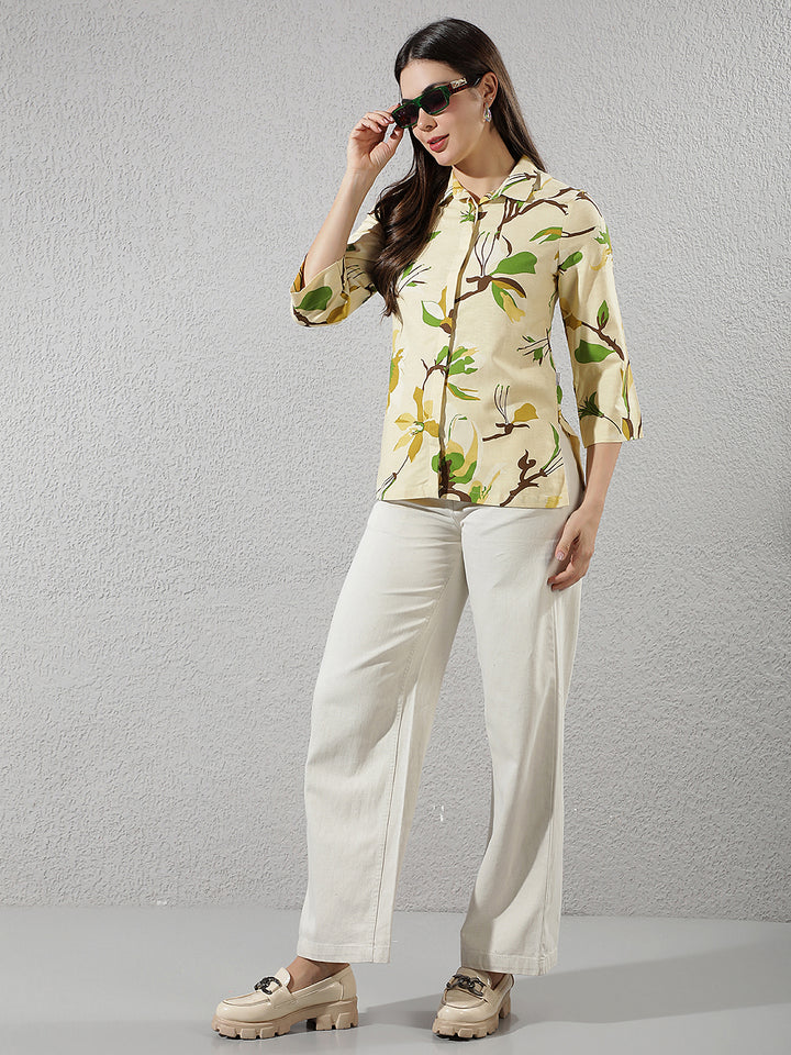 Mustard Floral Print Linen Shirt