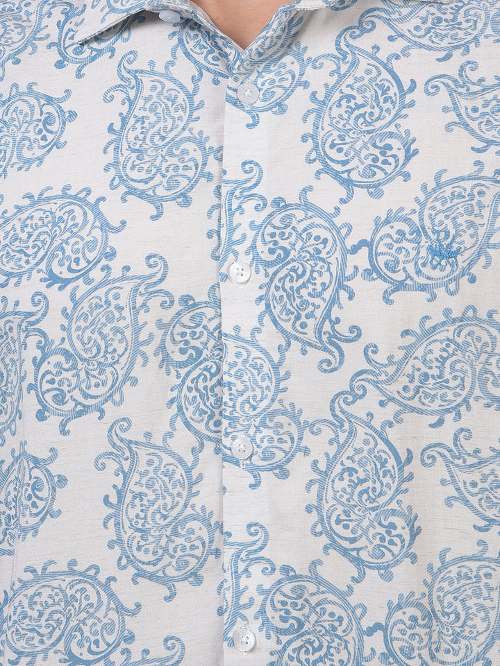 Blue Floral Print Linen Shirt