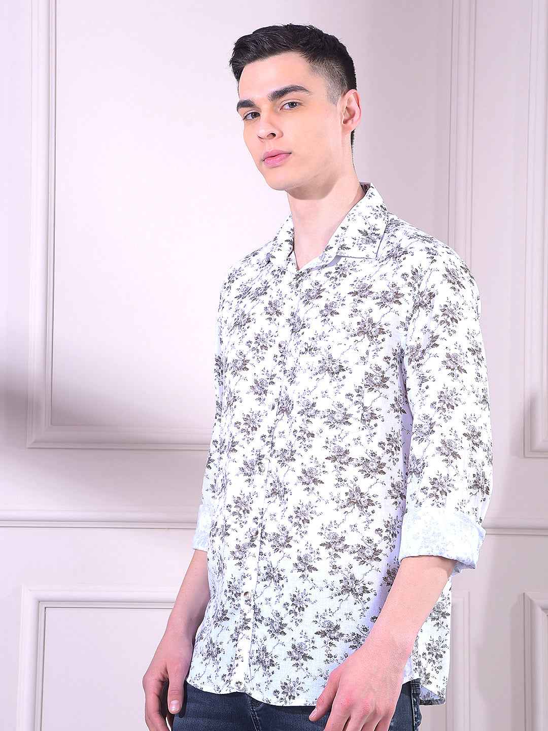 White Linen Floral Print Shirt