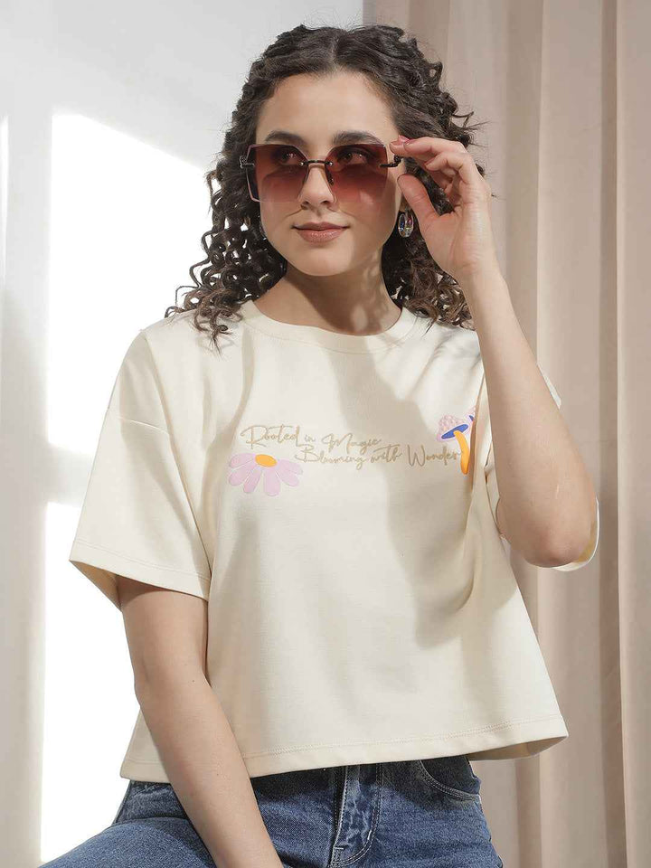 Beige Typographic Printed Crop Oversize T-Shirt