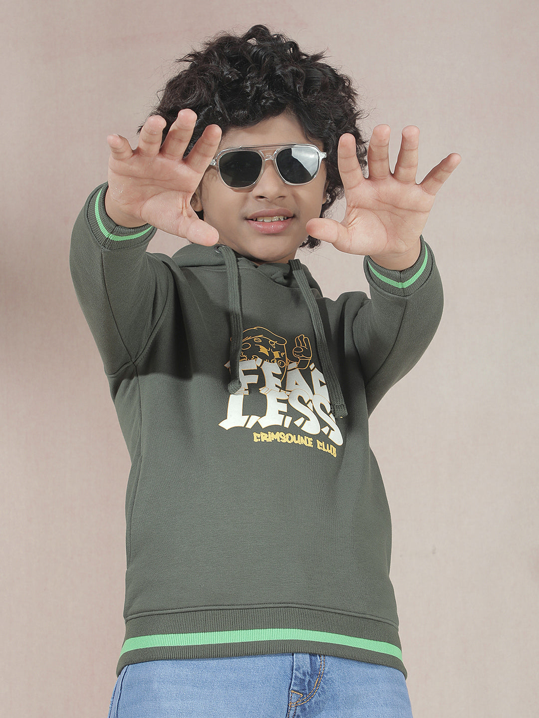 Olive Typographic Print Hooded Neck Sweatshirt