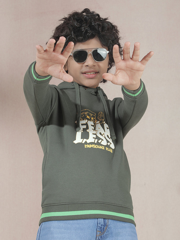 Olive Typographic Print Hooded Neck Sweatshirt