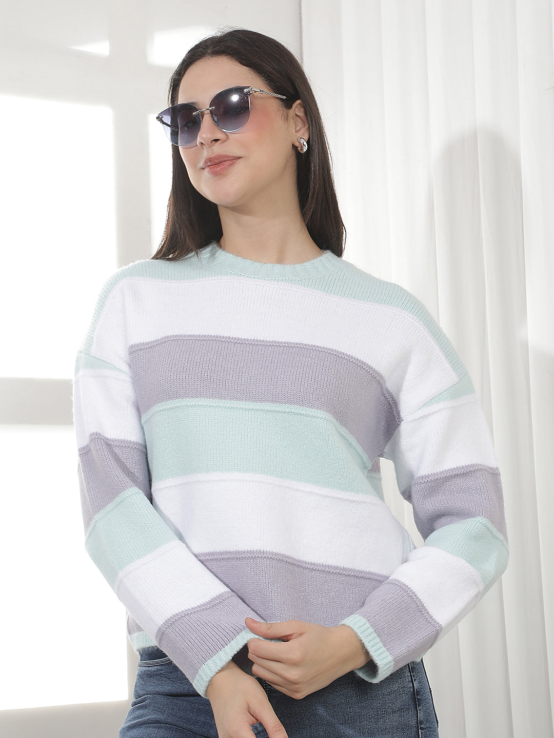 Blue Horizontal Stripes Acrylic Sweater