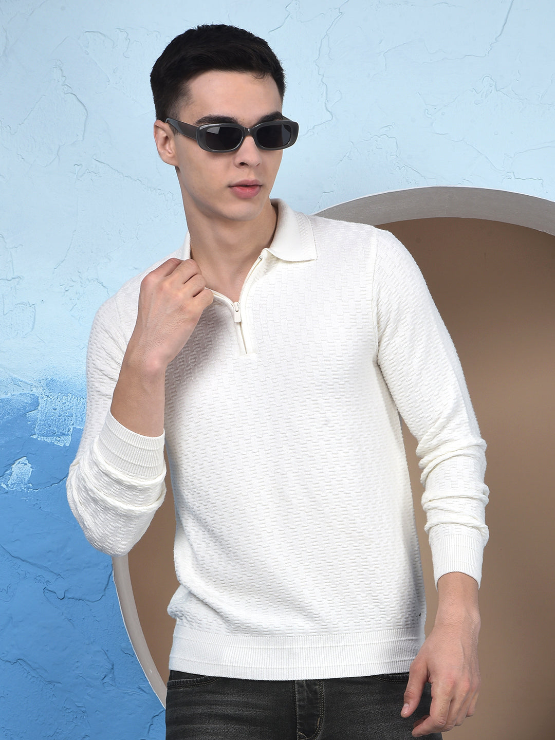 Ivory White Soft-Touch Blended Regular Textured Sweater