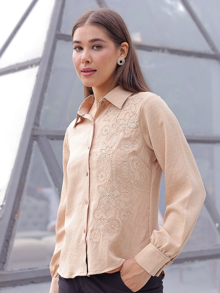 Beige Floral Embroidered Shirt
