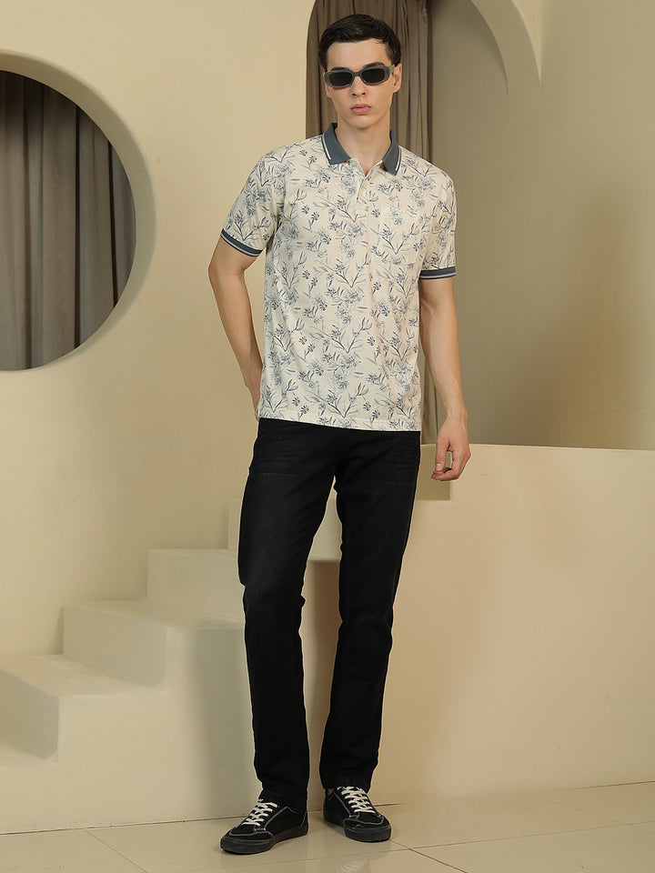 Grey Floral Print Polo Neck T-Shirt