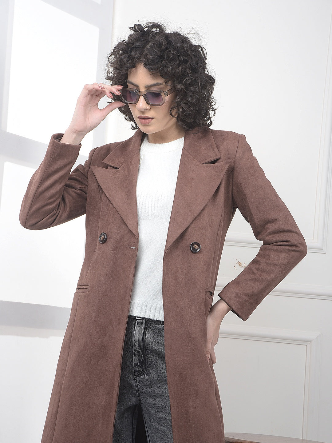 Brown Notched Lapel Double-Breasted Overcoat