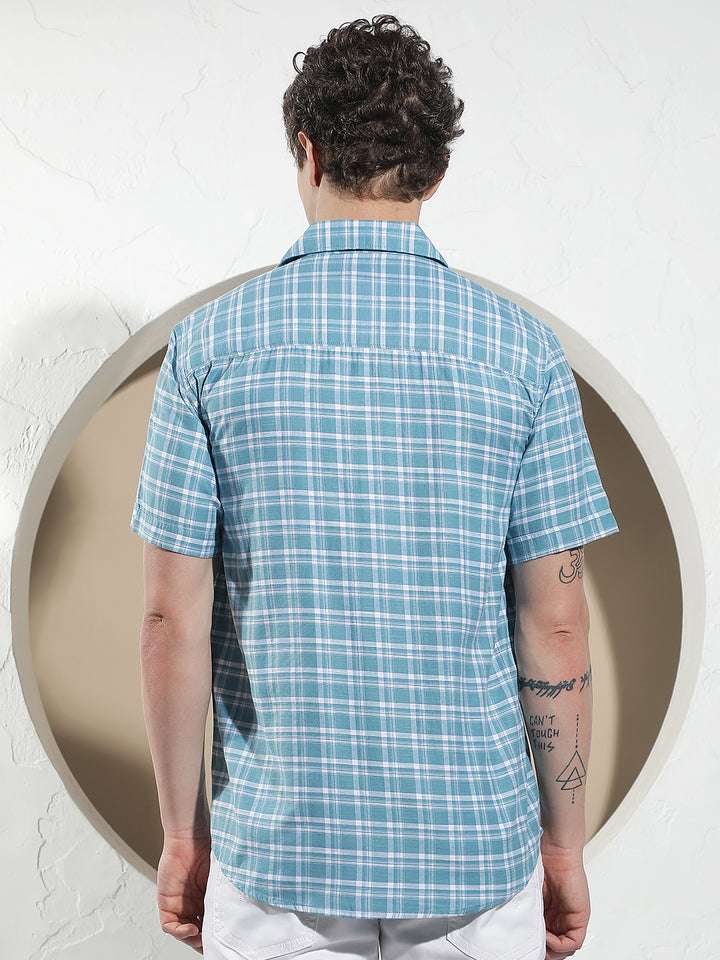 Structured Ocean Blue Checked Shirt